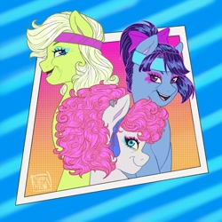 Size: 1350x1350 | Tagged: safe, artist:twillow, blue belle (g5), minty (g5), snuzzle (g5), earth pony, pony, bridlewoodstock (make your mark), g5, my little pony: make your mark, my little pony: make your mark chapter 4, spoiler:g5, abstract background, dreamlands, female, mare, trio, trio female