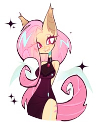 Size: 932x1186 | Tagged: safe, artist:aly_kame, fluttershy, bat pony, anthro, g4, arm behind back, bat ponified, big breasts, breasts, busty fluttershy, choker, clothes, dress, female, flutterbat, looking at you, race swap, side slit, slit pupils, smiling, smiling at you, total sideslit