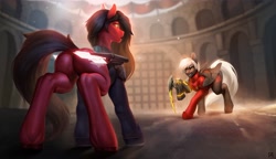 Size: 4051x2334 | Tagged: safe, artist:dacsy, oc, oc only, pegasus, pony, amputee, artificial wings, augmented, butt, clothes, colosseum, detailed, duo, high res, imminent fight, legs, looking at each other, looking at someone, plot, prosthetic leg, prosthetic limb, prosthetic wing, prosthetics, snarling, weapon, wings