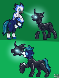 Size: 2501x3317 | Tagged: safe, artist:boundbrush, oc, oc only, bird, changeling, pony, bondage, duo, encasement, furry, furry to pony, gradient background, high res, hypno eyes, hypnosis, living clothes, living suit, ponysuit