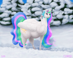 Size: 1500x1200 | Tagged: safe, artist:soobel, princess celestia, g4, chubbylestia, fat, obese, snow, the ass was fat, winter