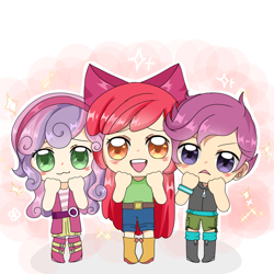 Size: 1280x1280 | Tagged: safe, artist:小番茄, apple bloom, scootaloo, sweetie belle, human, g4, :3, :<, :d, belt, belt buckle, blushing, boots, chibi, clothes, cutie mark crusaders, denim, full body, hands on cheeks, hoodie, humanized, jeans, looking at you, open mouth, open smile, outline, pants, shirt, shoes, shorts, skirt, smiling, sparkles, white outline, wristband