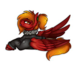 Size: 2000x2000 | Tagged: safe, artist:molars, oc, oc only, oc:risk runner, pegasus, equestria at war mod, :p, badge, bedroom eyes, bomber jacket, cheek fluff, clothes, colored wings, digital art, ear fluff, fluffy, folded wings, gradient wings, jacket, looking at you, orange mane, patch, ponytail, red fur, simple background, solo, spread wings, tongue out, transparent background, unshorn fetlocks, wings