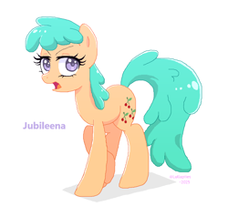 Size: 1146x1090 | Tagged: safe, artist:lullapiies, jubileena, earth pony, pony, g4, 2025, female, frown, lavender eyes, mare, open mouth, pixel-crisp art, purple eyes, simple background, solo, standing, white background