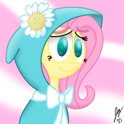 Size: 2048x2048 | Tagged: safe, artist:jesslmc16, fluttershy, pegasus, g4, my little pony: friendship is magic, secret of my excess, bow, bust, cute, female, flower, gradient background, hood, hooded cape, looking at you, mare, portrait, shyabetes, smiling, smiling at you, solo, solo female