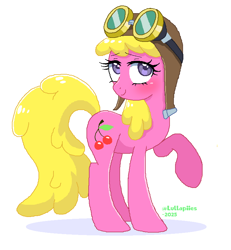 Size: 756x818 | Tagged: safe, artist:lullapiies, cherry berry, earth pony, pony, g4, 2025, aviator goggles, female, goggles, mare, pixel-crisp art, purple eyes, raised hoof, simple background, solo, standing, turned head, white background