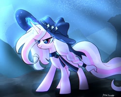 Size: 2048x1650 | Tagged: safe, artist:petaltwinkle, oc, oc:petal twinkle, pony, unicorn, female, hat, horn, magic, mare, race swap, solo