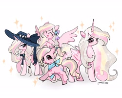 Size: 2048x1638 | Tagged: safe, artist:petaltwinkle, oc, oc:petal twinkle, alicorn, earth pony, pegasus, pony, unicorn, female, hat, horn, mare, multeity, race swap, self paradox, self ponidox, simple background, white background