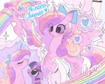 Size: 2048x1638 | Tagged: safe, artist:petaltwinkle, princess cadance, twilight sparkle, alicorn, pony, g4, adversarial noise, blush scribble, blushing, bow, duo, female, filly, floating heart, floppy ears, flying, foal, foalsitter, hair bow, heart, heart eyes, looking at someone, magic, mare, open mouth, open smile, rainbow, smiling, solo focus, spread wings, wingding eyes, wings, younger