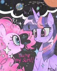 Size: 1638x2048 | Tagged: safe, artist:petaltwinkle, pinkie pie, twilight sparkle, alicorn, earth pony, pony, g4, crying, female, lesbian, ship:twinkie, shipping, sun, twilight sparkle (alicorn)