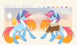 Size: 5024x2964 | Tagged: safe, artist:nettlemoth, oc, oc only, oc:sunset skies, pony, unicorn, aviator goggles, bomber jacket, clothes, color palette, goggles, gradient mane, gradient tail, horn, jacket, magic, no clothes, reference sheet, stars, tail, white belly