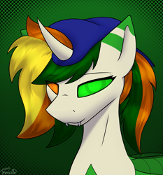 Size: 2279x2443 | Tagged: safe, artist:monycaalot, oc, oc only, oc:lucarine zabetta, changeling, waspling, fangs, gradient background, green background, heterochromia, horn, icon, looking at you, solo