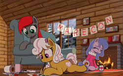 Size: 1908x1178 | Tagged: safe, artist:maretian, oc, oc only, oc:comfy cuddles, oc:miss everymare, oc:nawni, pony, arts and crafts, cabin, candle, clothes, comfy, con mascot, couch, female, fire, fireplace, indoors, mare, marecon, mouth hold, mug, sweater, toilet paper, trio, winter