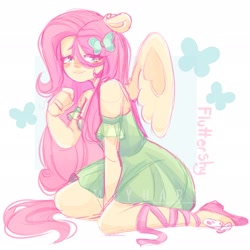 Size: 2048x2048 | Tagged: safe, artist:miyuartss, fluttershy, g4, clothes, dress, ponied up, simple background, solo, white background