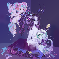 Size: 2000x2000 | Tagged: safe, artist:bunnari, oc, oc only, oc:cherub darling, oc:maleficent, oc:snow veil, dracony, dragon, hybrid, pegasus, pony, bad end au, bow, bowtie, brush, brushing, brushing mane, cousins, female, flying, horns, interspecies offspring, next generation, offspring, parent:lord tirek, parent:rarity, parent:spike, parent:sweetie belle, parents:cozybelle, parents:rarirek, parents:spikebelle, piercing, sitting, tail, tail bow, unshorn fetlocks