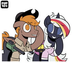 Size: 1500x1300 | Tagged: safe, artist:php104, oc, oc only, oc:calamity, oc:velvet remedy, pegasus, pony, unicorn, fallout equestria, g4, battle saddle, clothes, dress, female, hat, horn, simple background, transparent background