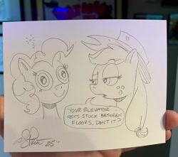 Size: 2048x1810 | Tagged: safe, artist:andy price, applejack, pinkie pie, earth pony, pony, g4, blank stare, female, photo, speech bubble, traditional art