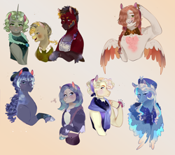 Size: 2238x1991 | Tagged: safe, artist:bunnari, oc, oc only, oc:blank slate, oc:dolce creme, oc:gold digger, oc:high standards, oc:key lime, oc:masonry oven, oc:modest violet, oc:tender core, earth pony, pegasus, pony, unicorn, apron, bad end au, bag, beauty mark, beret, clothes, colored wings, colored wingtips, colt, dress, female, foal, gradient background, handbag, hat, horn, magical gay spawn, magical lesbian spawn, male, mare, next generation, offspring, parent:big macintosh, parent:bulk biceps, parent:coco pommel, parent:fancypants, parent:flim, parent:limestone pie, parent:marble pie, parent:maud pie, parent:party favor, parent:zephyr breeze, parents:bulkmac, parents:flimstone, parents:limemac, parents:marblecoco, parents:maudfavor, parents:zephyrpants, shirtless shirt collar, stallion, unshorn fetlocks, wings