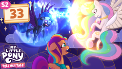 Size: 3840x2160 | Tagged: safe, alternate version, artist:shad0w-galaxy, nightmare moon, princess celestia, princess luna, sunny starscout, alicorn, earth pony, pony, g4, g5, my little pony: friendship is magic, my little pony: tell your tale, princess twilight sparkle (episode), the alicorn path, leak, spoiler:g5, spoiler:my little pony: tell your tale, spoiler:tyts02e33, angry, blast, character swap, cloud, concave belly, crown, ears back, ethereal mane, ethereal tail, female, fight, fire magic, flying, force field, g4 to g5, generation leap, high res, hoof shoes, horn, i can't believe it's not hasbro studios, jewelry, long mane, long tail, magic, magic beam, magic blast, mane stripe sunny, mare, my little pony logo, nightmare moon armor, open mouth, peytral, princess shoes, regalia, royal sisters, scared, show accurate, siblings, sisters, slender, spread wings, style emulation, sunny's bag, tail, thin, thumbnail, trio, trio female, wings, youtube thumbnail