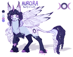 Size: 1277x1000 | Tagged: safe, artist:theartfox2468, oc, oc:aurora trivia radiant moon, alicorn, pony, star au, alicorn oc, blind, description is relevant, ear fluff, female, horn, leg fluff, leonine tail, magical lesbian spawn, mare, markings, offspring, parent:princess luna, parent:rarity, parents:rariluna, raised hoof, reference sheet, simple background, solo, story included, tail, unshorn fetlocks, white background, wings