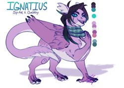 Size: 1414x1000 | Tagged: safe, artist:theartfox2468, oc, oc:ignatius spark, dragon, griffon, star au, chest fluff, clothes, description is relevant, dragon hybrid, dragon oc, ear fluff, ear piercing, earring, eye scar, facial scar, fangs, griffon oc, hybrid oc, interspecies offspring, jewelry, male, nail polish, non-pony oc, offspring, open mouth, parent:gabby, parent:spike, parents:spabby, piercing, redesign, reference sheet, scar, scarf, simple background, solo, story included, white background