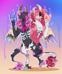 Size: 1267x1500 | Tagged: safe, artist:bunnari, oc, oc only, oc:carnivalicious, oc:festivalus, draconequus, hybrid, bad end au, cloven hooves, duo, fusion, interspecies offspring, male, offspring, parent:discord, parent:pinkie pie, parents:discopie, theater masks, unshorn fetlocks