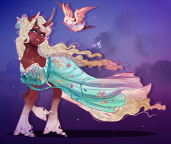 Size: 1052x887 | Tagged: safe, artist:bunnari, oc, oc only, oc:blood love rosabella, bat, pony, unicorn, clothes, curved horn, dress, flower, flower in hair, horn, offspring, parent:fluttershy, parent:king sombra, parents:sombrashy, unshorn fetlocks