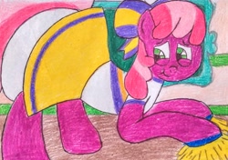 Size: 2725x1916 | Tagged: safe, artist:bitter sweetness, cheerilee, earth pony, g4, :t, abdl, adult foal, bow, clothes, diaper, diaper fetish, diaper under clothes, fetish, hair bow, non-baby in diaper, poofy diaper, smiling, traditional art