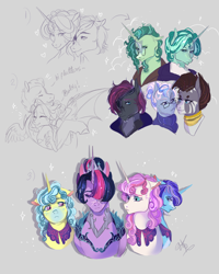 Size: 1600x2000 | Tagged: safe, artist:bunnari, bulk biceps, fluttershy, lemon hearts, minuette, shining armor, sunset shimmer, twilight sparkle, twinkleshine, alicorn, bat pony, earth pony, pegasus, pony, unicorn, zebra, bad end au, g4, bat ponified, disguise, eye scar, eyepatch, facial scar, female, flutterbat, glasses, horn, male, mare, race swap, scar, stallion, twilight sparkle (alicorn)