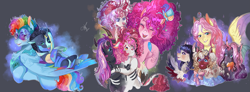 Size: 2717x1000 | Tagged: safe, artist:bunnari, discord, fluttershy, pinkie pie, rainbow dash, oc, oc:blood love rosabella, oc:calla lilith, oc:carnivalicious, oc:festivalus, oc:harlequin, oc:seraphim allure, oc:venom sting, changepony, draconequus, hybrid, pegasus, unicorn, bad end au, g4, colored wings, colored wingtips, colt, female, filly, foal, horn, horns, interspecies offspring, jewelry, magical lesbian spawn, male, mare, next generation, offspring, parent:fluttershy, parent:king sombra, parent:queen chrysalis, parent:rainbow dash, parents:chrysadash, parents:sombrashy, regalia, ship:discopie, shipping, straight, wings