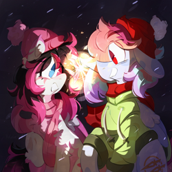 Size: 3550x3550 | Tagged: safe, artist:pakmur, oc, oc only, oc:jungle, oc:lunylin, pegasus, pony, clothes, colored wings, commission, duo, fireworks, hat, hoodie, scarf, sitting, wings, ych result