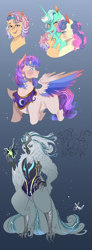 Size: 976x2652 | Tagged: safe, artist:bunnari, bon bon, lyra heartstrings, sweetie drops, oc, oc:gleaming soar, oc:glucose isomalt, oc:harpy, earth pony, hybrid, pegasus, pony, storm creature, unicorn, bad end au, g4, colored wings, colored wingtips, female, filly, foal, horn, interspecies offspring, lesbian, magic, magical lesbian spawn, male, mare, next generation, offspring, parent:bon bon, parent:captain celaeno, parent:flash sentry, parent:lyra heartstrings, parent:storm king, parent:twinkleshine, parents:lyrabon, parents:stormlaeno, parents:twinkleflash, peytral, ship:lyrabon, shipping, stallion, wings