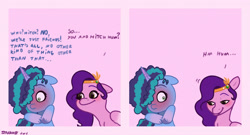 Size: 1968x1063 | Tagged: safe, artist:starburstuwu, misty brightdawn, pipp petals, pegasus, pony, unicorn, g5, 2 panel comic, blushing, comic, cornrows, diadem, duo, faic, floppy ears, freckles, gradient hooves, gradient horn, gradient mane, horn, implied hitch trailblazer, implied mistytrail, implied shipping, jewelry, nodding, pink background, regalia, shipping, signature, simple background, text, tiara, two toned mane, unshorn fetlocks