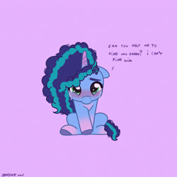 Size: 2480x2480 | Tagged: safe, artist:starburstuwu, misty brightdawn, pony, unicorn, g5, spoiler:g5, cornrows, crying, cute, eyebrows, female, filly, filly misty brightdawn, floppy ears, foal, freckles, gradient hooves, gradient horn, horn, implied alphabittle blossomforth, mistybetes, precious, purple background, sad, sadorable, simple background, solo, starburstuwu is trying to murder us, talking to viewer, text, two toned mane, unshorn fetlocks, younger