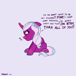 Size: 2480x2480 | Tagged: safe, artist:starburstuwu, opaline arcana, alicorn, pony, g5, my little pony: make your mark, angry, cute, female, filly, filly opaline arcana, foal, folded wings, horn, madorable, signature, simple background, sitting, talking, text, unshorn fetlocks, wings, younger