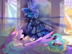 Size: 2000x1500 | Tagged: safe, artist:bunnari, princess cadance, princess celestia, princess luna, alicorn, pony, bad end au, g4, crying, female, hoof shoes, jewelry, mare, peytral, regalia, spread wings, story included, throne room, trio, wings