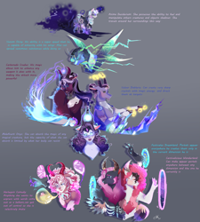 Size: 2701x3000 | Tagged: safe, artist:bunnari, oc, oc:anima, oc:carbonado, oc:carnivalicious, oc:festivalus, oc:harlequin, oc:maleficent, oc:velour, oc:venom sting, changepony, draconequus, hybrid, pony, unicorn, bad end au, balloon, crystal, female, fusion, gray background, horn, horns, interspecies offspring, magic, magical lesbian spawn, male, mare, next generation, offspring, parent:discord, parent:lord tirek, parent:pinkie pie, parent:queen chrysalis, parent:rainbow dash, parent:rarity, parent:stygian, parents:chrysadash, parents:discopie, parents:rarirek, portal, simple background, sword, tongue out, weapon