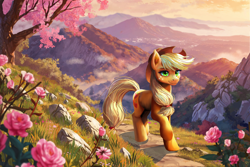 Size: 2000x1333 | Tagged: safe, artist:allegrenix, applejack, earth pony, pony, g4, applejack's hat, cowboy hat, female, flower, freckles, grass, hat, mare, mountain, outdoors, scenery, solo, spring, tree, wallpaper