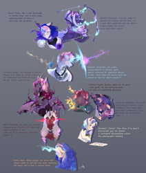 Size: 2590x3060 | Tagged: safe, artist:bunnari, oc, oc:acheron, oc:astral tome, oc:blood love rosabella, oc:cosmic hope, oc:crescenta darkwood, oc:crimson charm, oc:seraphim allure, oc:spectra nocturna, oc:stardust tale, alicorn, bat pony, bat pony alicorn, unicorn, bad end au, arrow, bat wings, bow (weapon), bow and arrow, crystal horn, curved horn, female, force field, hood, horn, jewelry, magic, magical lesbian spawn, male, mare, next generation, offspring, parent:applejack, parent:fluttershy, parent:king sombra, parent:starlight glimmer, parent:sunburst, parents:glimmerjack, parents:sombrashy, parents:starburst, quill, regalia, sombra eyes, spread wings, stallion, weapon, wings, writing