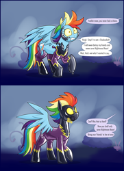 Size: 2250x3107 | Tagged: safe, artist:moonatik, rainbow dash, pegasus, pony, friendship is magic, g4, my little pony: friendship is magic, 2 panel comic, bad end, clothes, comic, commission, costume, female, gas mask, implied nightmare moon, latex, latex suit, living latex, mare, mask, mind control, nightmare night costume, rubber drone, shadowbolt dash, shadowbolt drone, shadowbolts, shadowbolts costume, solo, speech bubble, wings