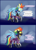 Size: 2250x3107 | Tagged: safe, artist:moonatik, rainbow dash, pegasus, pony, friendship is magic, g4, my little pony: friendship is magic, 2 panel comic, bad end, clothes, comic, commission, costume, female, gas mask, implied nightmare moon, latex, latex suit, living latex, mare, mask, mind control, nightmare night costume, rubber drone, shadowbolt dash, shadowbolt drone, shadowbolts, shadowbolts costume, solo, speech bubble, wings