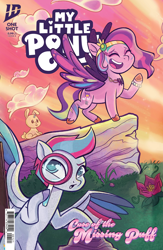 Size: 1988x3056 | Tagged: safe, artist:sophie scruggs, idw, official comic, pipp petals, zipp storm, pegasus, pony, comic:case of the missing puff, g5, official, colored wings, comic cover, cover, cover art, diadem, eyes closed, female, flying, jewelry, mare, multicolored wings, my little pony logo, open mouth, open smile, regalia, royal sisters (g5), siblings, sisters, smiling, spread wings, unshorn fetlocks, wings