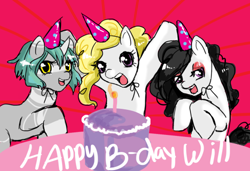 Size: 500x341 | Tagged: safe, surprise (g4), oc, oc:fright, oc:luvcrush, pegasus, unicorn, g4, birthday, birthday cake, cake, candle, food, hat, horn, party hat, pegasus oc, unicorn oc