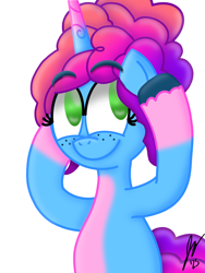 Size: 1620x2160 | Tagged: safe, artist:jesslmc16, misty brightdawn, pony, unicorn, g5, magic mirror (episode), my little pony: tell your tale, spoiler:g5, spoiler:my little pony: tell your tale, spoiler:tyts02e32, alternate hairstyle, bust, female, freckles, horn, looking up, mare, multicolored hair, portrait, raised hoof, rebirth misty, simple background, smiling, solo, solo female, white background