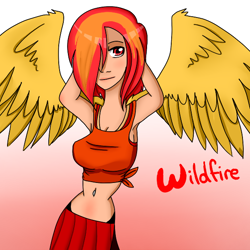 Size: 600x600 | Tagged: safe, oc, oc:wildfire, human, pegasus, belly, belly button, clothes, female, hair over one eye, humanized, impossibly thin waist, pegasus oc, skirt, solo, winged humanization, wings