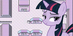 Size: 925x458 | Tagged: safe, edit, editor:jadetheponyy, twilight sparkle, unicorn, g4, my little pony: friendship is magic, female, game, horn, lavender town, mare, pokémon, purple background, purple hair, simple background, smiling, smug, smug smile, smuglight sparkle, solo, unicorn twilight