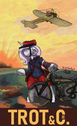 Size: 1190x1931 | Tagged: safe, artist:reddthebat, fleur-de-lis, unicorn, redd's great war universe, g4, bipedal, clothes, ears back, female, frog (hoof), furrowed brow, horn, mare, motorcycle, plane, poster, underhoof, uniform