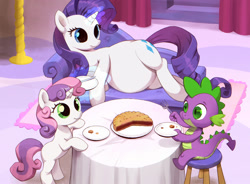 Size: 2000x1470 | Tagged: safe, artist:jotun22, rarity, spike, sweetie belle, dragon, pony, unicorn, fanfic:ponies don't lay eggs, g4, belle sisters, belly, big belly, blank flank, carousel boutique, cover art, dining table, fanfic, fanfic art, female, food, horn, magic, pie, preggity, pregnant, siblings, sisters, smiling