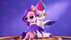 Size: 3840x2160 | Tagged: safe, artist:psfmer, pipp petals, zipp storm, pegasus, pony, g5, 3d, 4k, colored wings, diadem, duo, duo female, female, high res, hoof heart, jewelry, mare, multicolored wings, regalia, royal sisters (g5), siblings, sisters, sitting, source filmmaker, spread wings, sunglasses, underhoof, unshorn fetlocks, wings