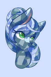 Size: 1365x2048 | Tagged: safe, artist:mscolorsplash, oc, oc only, crystal pony, earth pony, pony, bust, colored pupils, crystal pony oc, eyebrows, eyebrows visible through hair, lidded eyes, light blue background, simple background, smiling, solo